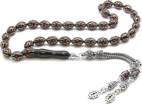 925 Ayar Gümüş Püsküllü Gümüş-Mercan İşleme Arpa Kesim Erzurum Oltu Taşı Tesbih - Image 1