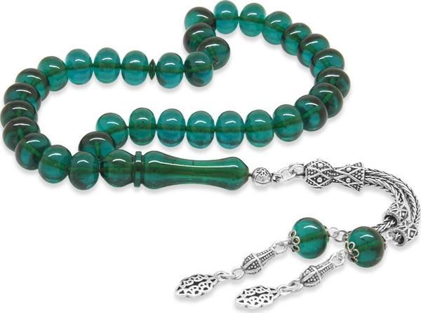 925 Ayar Gümüş Püsküllü Tekerlek Kesim Süzme Turkuaz Ateş Kehribar Tesbih - Image 1