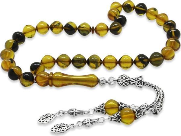 925 Ayar Gümüş Püsküllü İstanbul Kesim Sarı-Siyah Ateş Kehribar Tesbih - Image 1