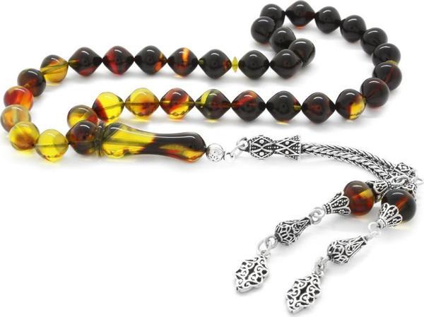 925 Ayar Gümüş Püsküllü İstanbul Kesim Süzme Bala-Siyah Ateş Kehribar Tesbih - Image 1