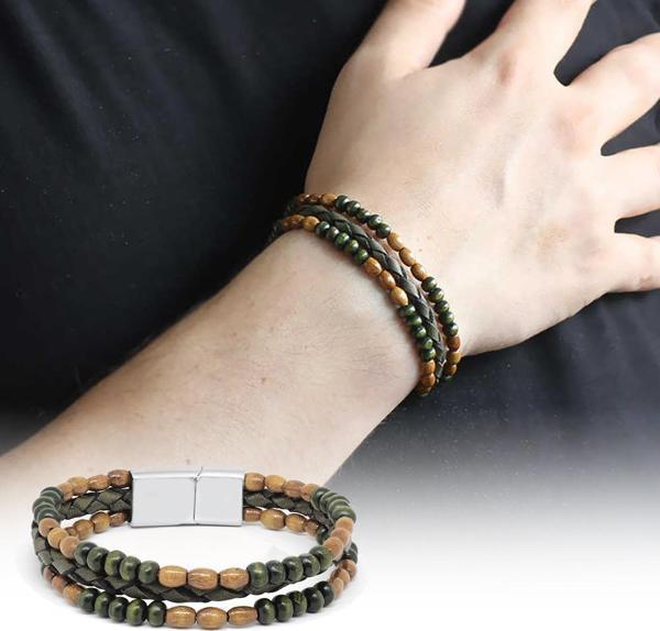 Ahşap Taşlı Sarı-Yeşil Renk Deri Ahşap Erkek Bileklik - Image 1