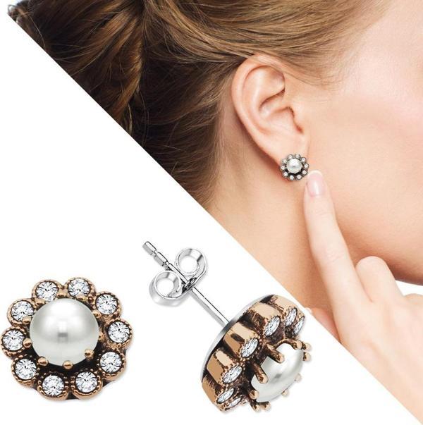 Beyaz Zirkon Taşlı Çiçek Tasarım 925 Ayar Gümüş İnci Küpe - Image 1