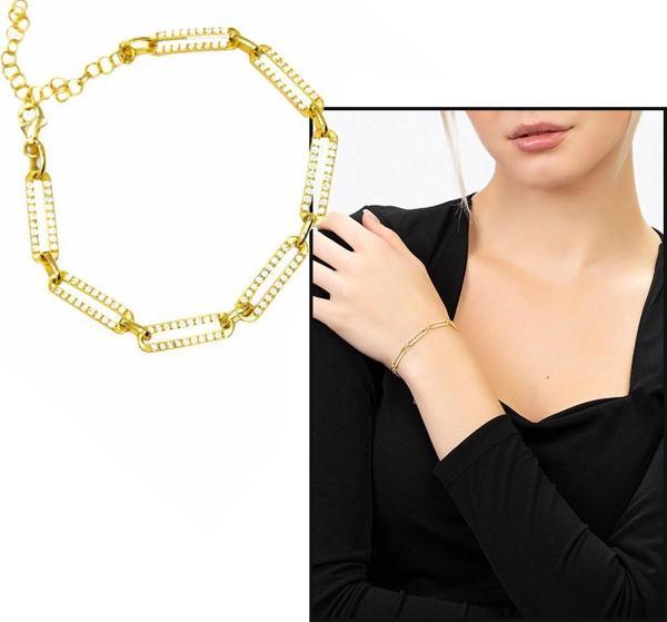 Beyaz Zirkon Taşlı Trend Tasarım Gold Renk 925 Ayar Gümüş Kadın Bileklik - Image 1