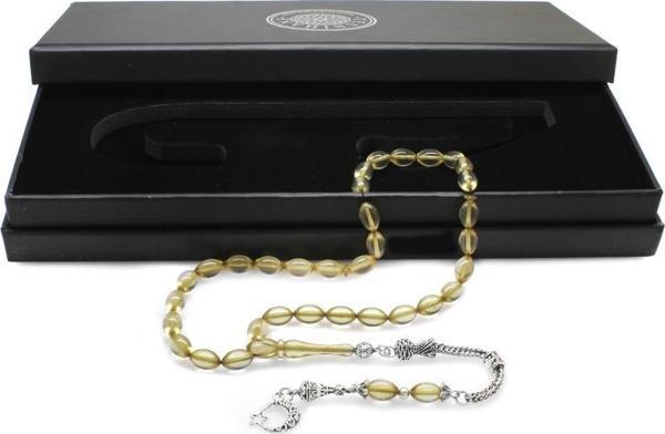 Ayyıldız Kararmaz Metal Püsküllü Arpa Kesim Şeffaf Beyaz Ateş Kehribar Tesbih - Image 1