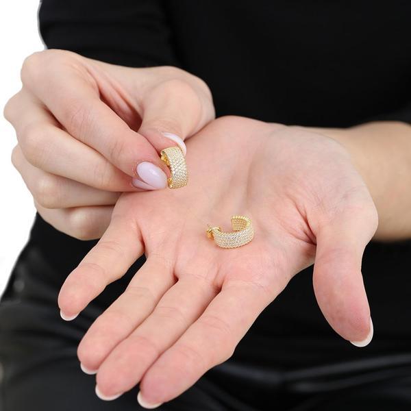 Beyaz Zirkon Taşlı Yarım Tur Tasarım Gold Renk 925 Ayar Gümüş Kadın Küpe - Image 1