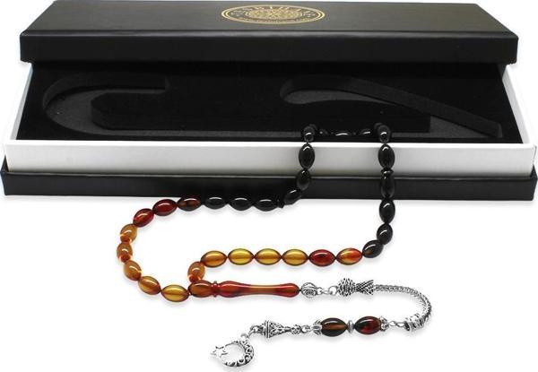 Ayyıldız Kararmaz Metal Püsküllü Arpa Kesim Süzme Bala-Siyah Ateş Kehribar Tesbih - Image 1