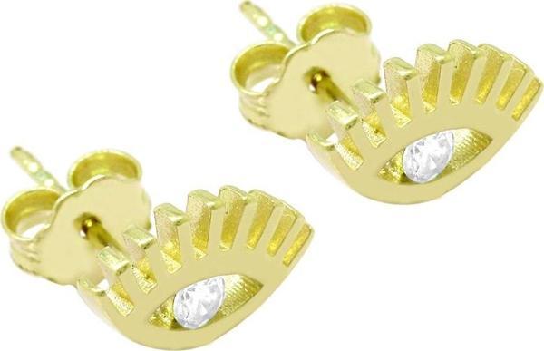 Beyaz Zirkon Tek Taşlı Göz Tasarım Gold Renk 925 Ayar Gümüş Kadın Küpe - Image 1
