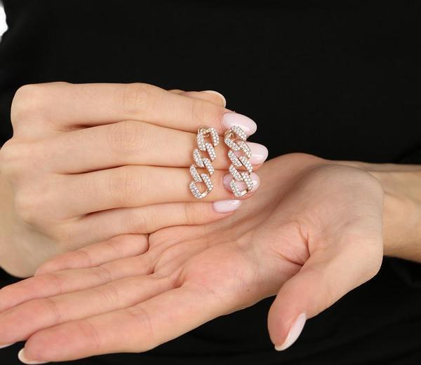 Çift Sıra Beyaz Zirkon Taşlı Silver Renk 925 Ayar Gümüş Gurmet Kadın Küpe - Image 1