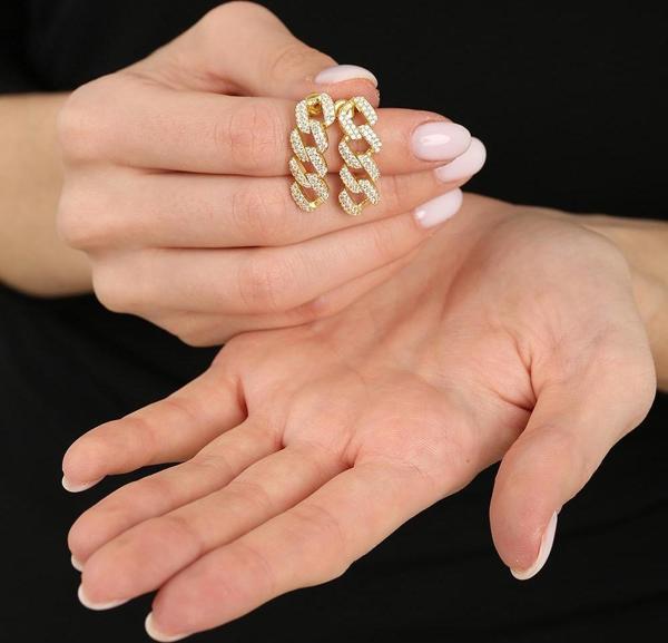 Çift Sıra Beyaz Zirkon Taşlı Silver Renk 925 Ayar Gümüş Gurmet Kadın Küpe - Image 1