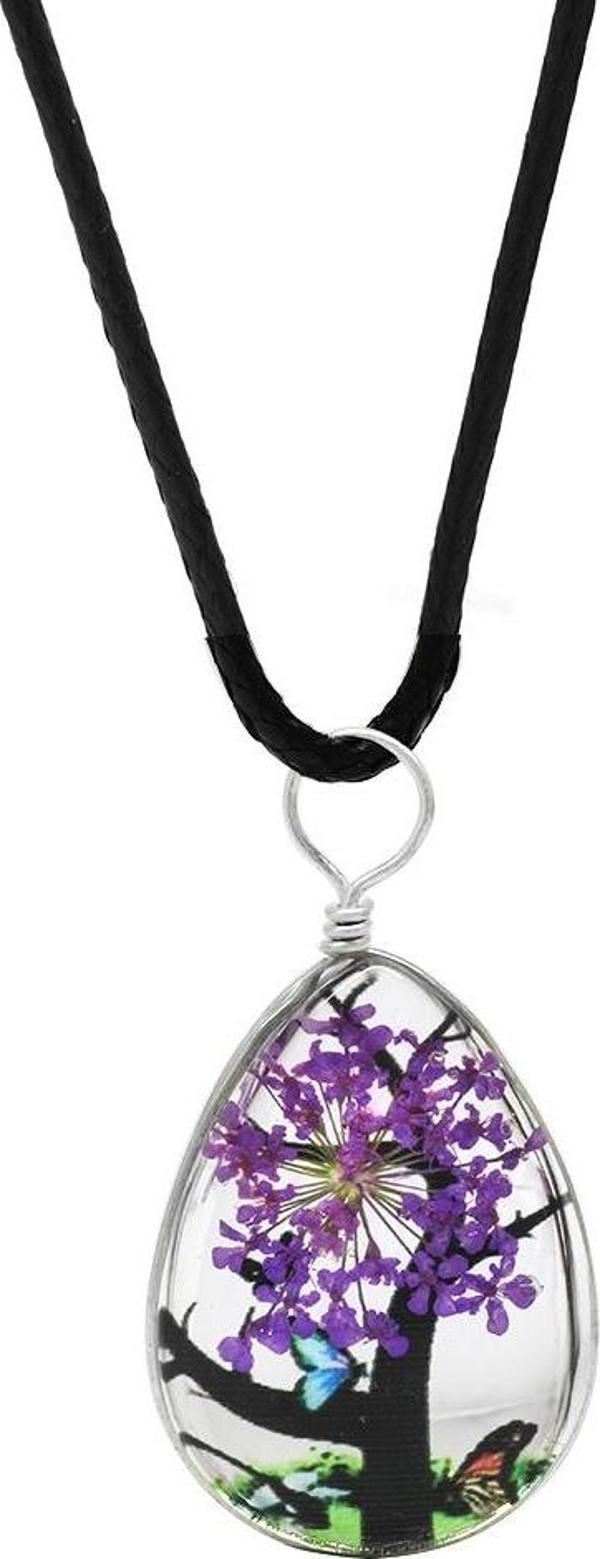Damla Tasarım Mor Çiçekli Doğa Temalı El Yapımı Natural Reçine Kolye - Image 1