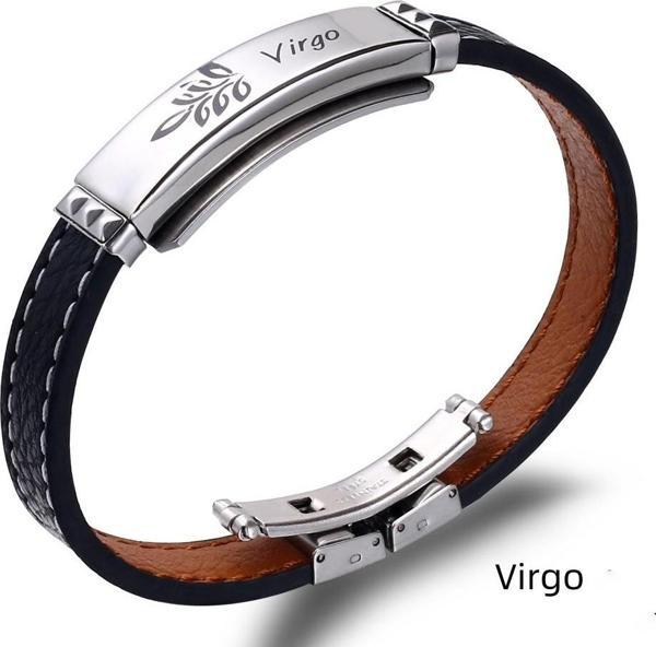 Deri Çelik Kombinli Kişiye Özel İsim Harf Yazılı Başak Burcu Erkek Bileklik - Image 1