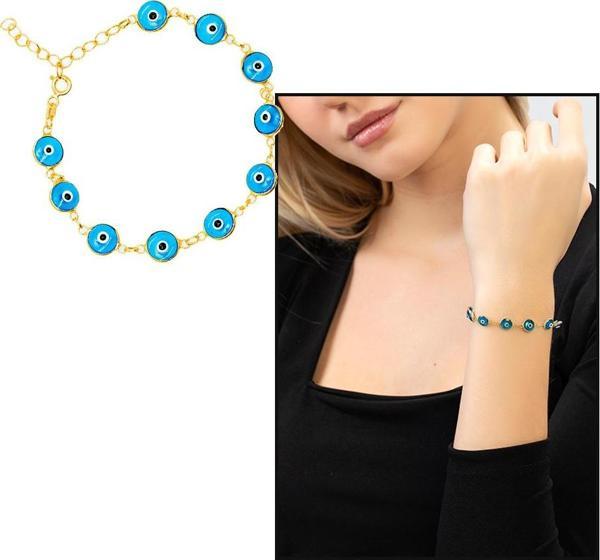 Gold Renk Nazar Boncuğu Detaylı 925 Ayar Gümüş Kadın Bileklik - Image 1