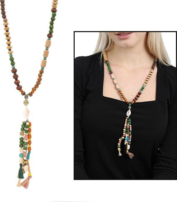 El Yapımı Etnik Ahşap Kombinli Yeşil Renk Geçişli Deniz Kabuğu Detaylı Otantik Kolye - Image 1