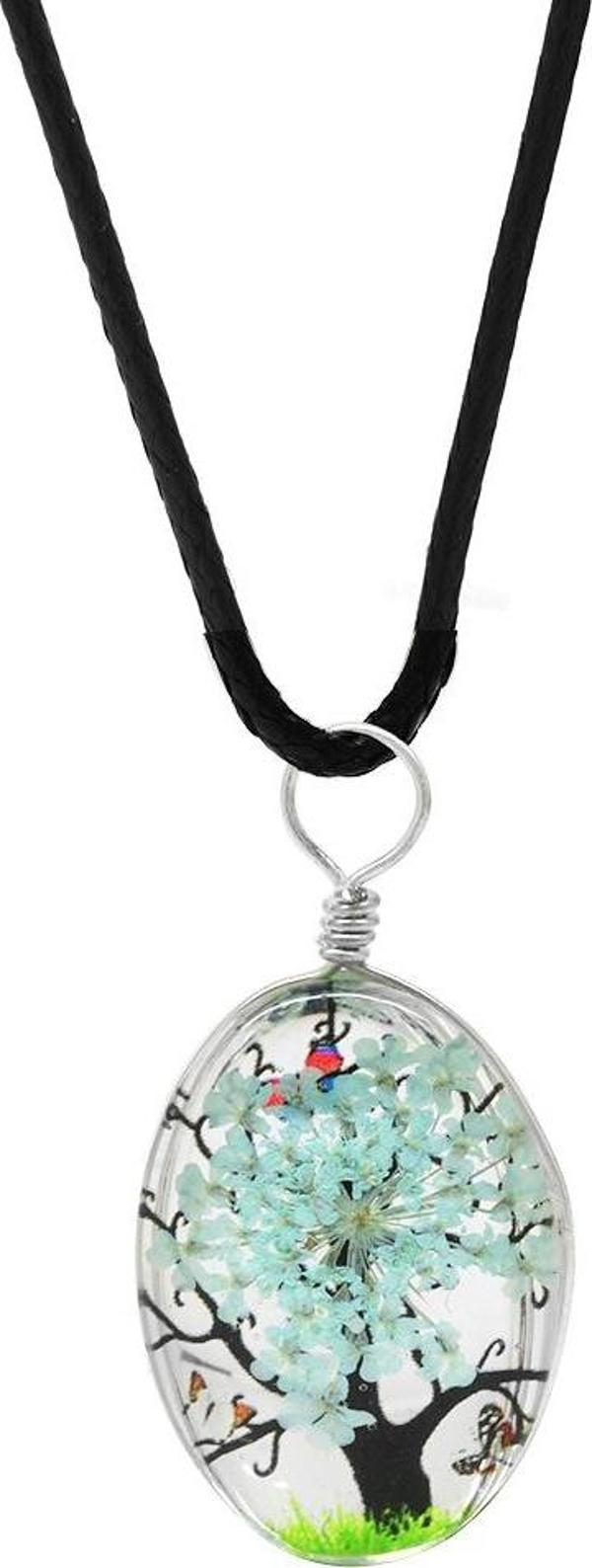 Elips Tasarım Beyaz Çiçekli Doğa Temalı El Yapımı Natural Reçine Kolye - Image 1