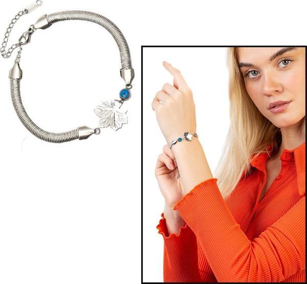 Gümüş Renk Kararmaz Metal Snake Zincirli Çınar Yaprağı Tasarım Nazar Boncuğu Detaylı Kadın Bileklik - Image 1