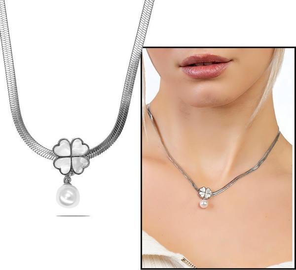 Gümüş Renk Kararmaz Metal Snake Zincirli Sedef Taşlı Yonca Yaprağı Detaylı İnci Doğaltaş Kombinli Kadın Kolye - Image 1