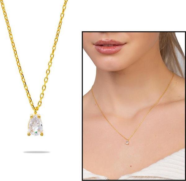 Faset Zirkon Tek Taşlı Gold Renk 925 Ayar Gümüş Kadın Kolye - Image 1