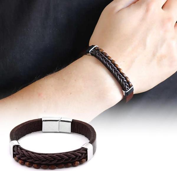 Hasır Tasarım Kuka İşlemeli Kahverengi Çelik-Deri Kombinli Erkek Bileklik - Image 1