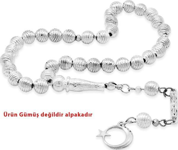 Helezon Tasarım Kalem İşçilikli Ayyıldız Püsküllü Küre Kesim Gümüş Renk Alpaka Tesbih - Image 1