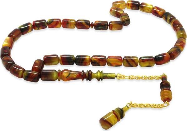 Gold Renk 925 Ayar Gümüş Püsküllü İmamesı Usta İşçilikli Kapsül Kesim Sedefli Ebru Sanatı Mix Renk Katalin Tesbih - Image 1