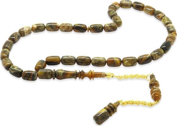 Gold Renk 925 Ayar Gümüş Püsküllü İmamesı Usta İşçilikli Kapsül Kesim Sedefli Koyu Kahverengi-Beyaz Katalin Tesbih - Image 1