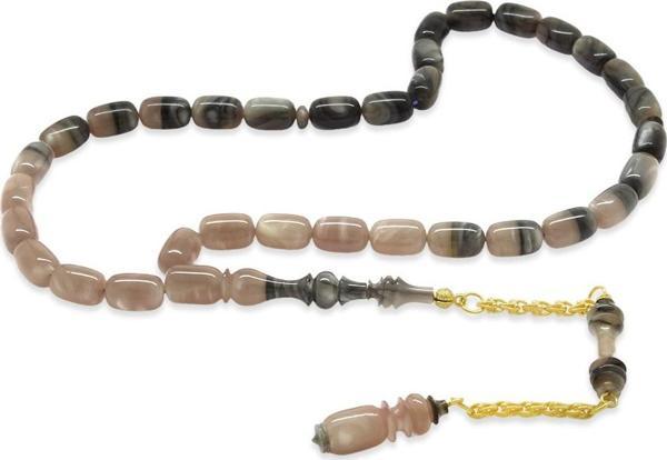 Gold Renk 925 Ayar Gümüş Püsküllü İmamesı Usta İşçilikli Kapsül Kesim Sedefli Süzme Bej-Siyah Katalin Tesbih - Image 1