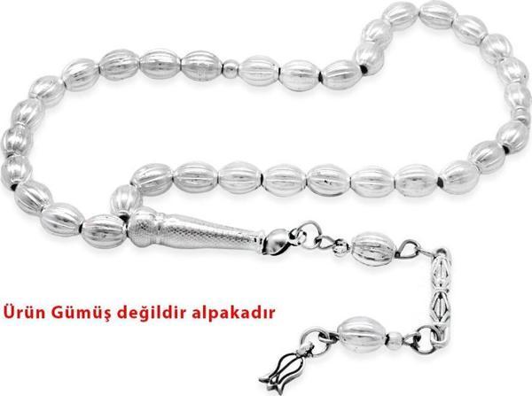 Kalem İşçilikli Lale Püsküllü Küre Kesim Gümüş Renk Alpaka Tesbih - Image 1