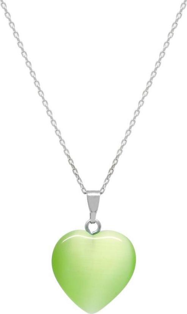 Kalp Tasarım 925 Ayar Gümüş Zincirli Çift Taraflı Fıstık Yeşil Kedigözü Kolye - Image 1