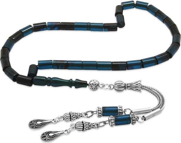 Kararmaz Metal 2'li Kamçı Püsküllü Kesme Kesim Bilek Boy Turkuaz-Siyah Ateş Kehribar Tesbih - Image 1