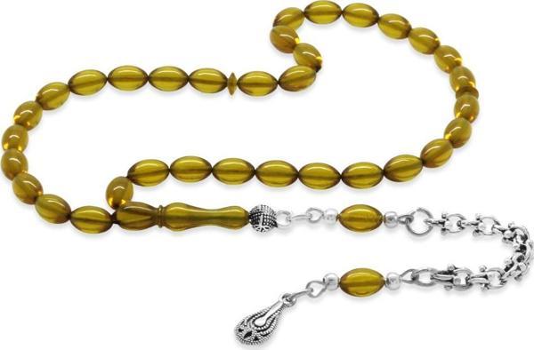 Kararmaz Metal Arnavut Zincir Püsküllü Arpa Kesim Sarı Bilek Boy Ateş Kehribar Tesbih - Image 1