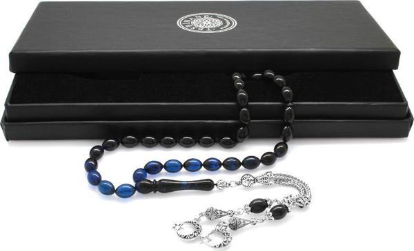 Kararmaz Metal Ayyıldız Püsküllü Arpa Kesim Süzme Mavi-Siyah Sıkma Kehribar Tesbih - Image 1