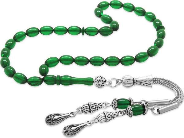 Kararmaz Metal 2'li Kamçı Püsküllü Arpa Kesim Bilek Boy Yeşil Ateş Kehribar Tesbih - Image 1