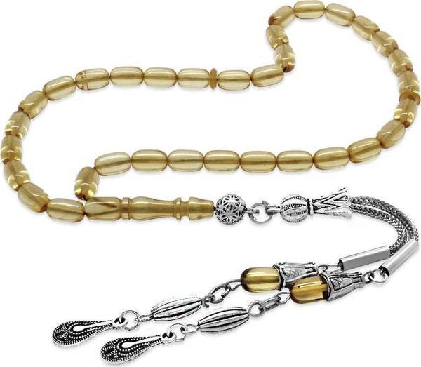 Kararmaz Metal 2'li Kamçı Püsküllü Kapsül Kesim Bilek Boy Saman Sarısı Ateş Kehribar Tesbih - Image 1