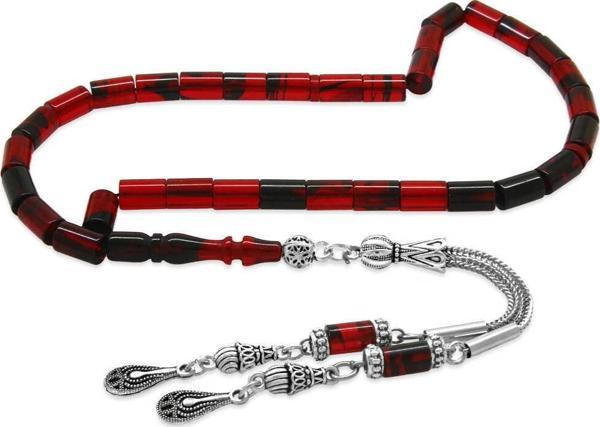 Kararmaz Metal 2'li Kamçı Püsküllü Kesme Kesim Bilek Boy Kırmızı-Siyah Ateş Kehribar Tesbih - Image 1