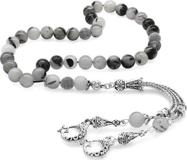 Kararmaz Metal Ayyıldız Püsküllü Küre Kesim Rutil Kuvars Doğaltaş Tesbih - Image 1