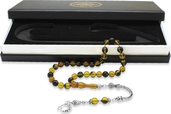 Kararmaz Metal Ayyıldız Püsküllü Küre Kesim Sarı-Siyah Ateş Kehribar Tesbih - Image 1