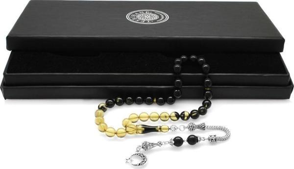 Kararmaz Metal Ayyıldız Püsküllü Küre Kesim Süzme Siyah-Beyaz Ateş Kehribar Tesbih - Image 1