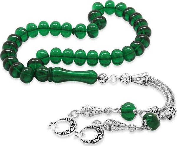 Kararmaz Metal Ayyıldız Püsküllü Tekerlek Kesim Zümrüt Yeşil Ateş Kehribar Tesbih - Image 1