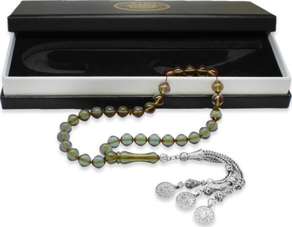 Kararmaz Metal Mecidiye Püsküllü İstanbul Kesim Su Mavisi Ateş Kehribar Tesbih - Image 1