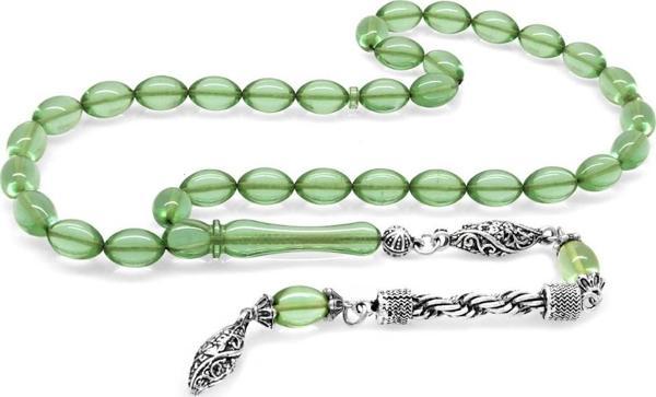 Kararmaz Metal Halat Püsküllü Arpa Kesim Su Yeşili Ateş Kehribar Tesbih - Image 1