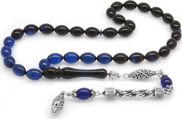 Kararmaz Metal Halat Püsküllü Arpa Kesim Süzme Mavi-Siyah Sıkma Kehribar Tesbih - Image 1