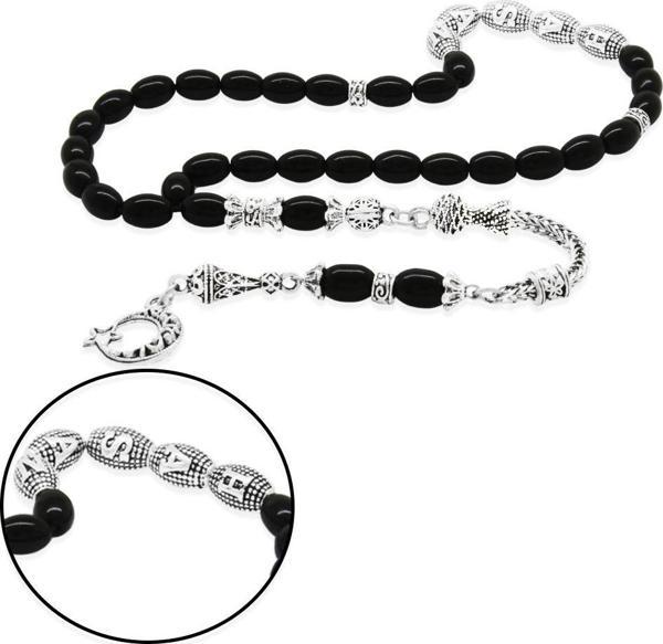 Kararmaz Metal Püsküllü Arpa Kesim Metal İsim Yazılı Oniks Doğaltaş Tesbih - Image 1