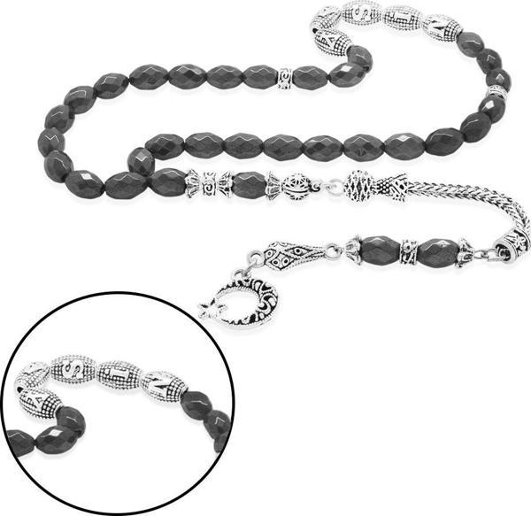 Kararmaz Metal Püsküllü Faset Arpa Kesim Metal İsim Yazılı Hematit Doğaltaş Tesbih - Image 1