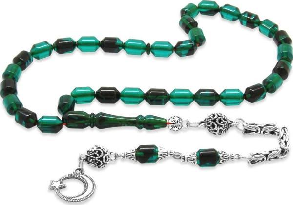 Kararmaz Metal Kral Zincir Püsküllü Uçlu Kapsül Kesim Turkuaz-Siyah Ateş Kehribar Tesbih - Image 1