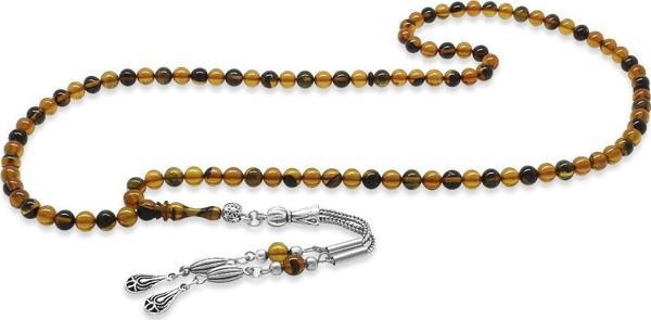 Kararmaz Metal Su Damlası Püsküllü Küre Kesim Sarı-Siyah Ateş Kehribar 99'luk Tesbih - Image 1