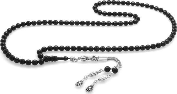 Kararmaz Metal Su Damlası Püsküllü Küre Kesim Siyah Sıkma Kehribar 99'luk Tesbih - Image 1