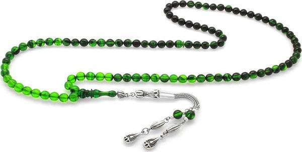 Kararmaz Metal Su Damlası Püsküllü Küre Kesim Süzme Yeşil-Siyah Ateş Kehribar 99'luk Tesbih - Image 1