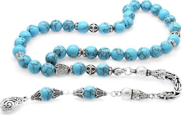 Koleksiyonluk 925 Ayar Gümüş Püsküllü Küre Kesim Firuze-Turkuaz Doğaltaş Tesbih - Image 1