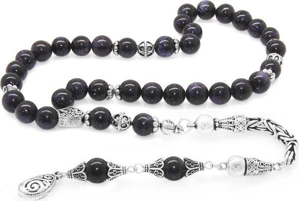 Koleksiyonluk 925 Ayar Gümüş Püsküllü Küre Kesim Mavi Yıldız Taşı Doğaltaş Tesbih - Image 1