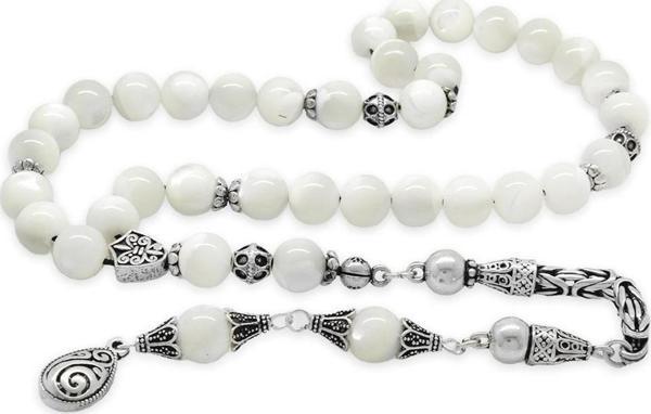 Koleksiyonluk 925 Ayar Gümüş Püsküllü Küre Kesim Sedef Doğaltaş Tesbih - Image 1